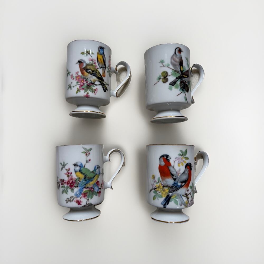 Royal Crown Porcelain Pedestal Coffee Cups 8 oz Gold Rim Song Bird Set 4 Vtg